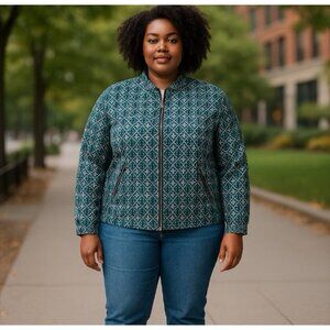 -New CJ Banks Geo Print Zip Up Jacket Womens Plus 2X Teal Gray Shiny Casual Coat